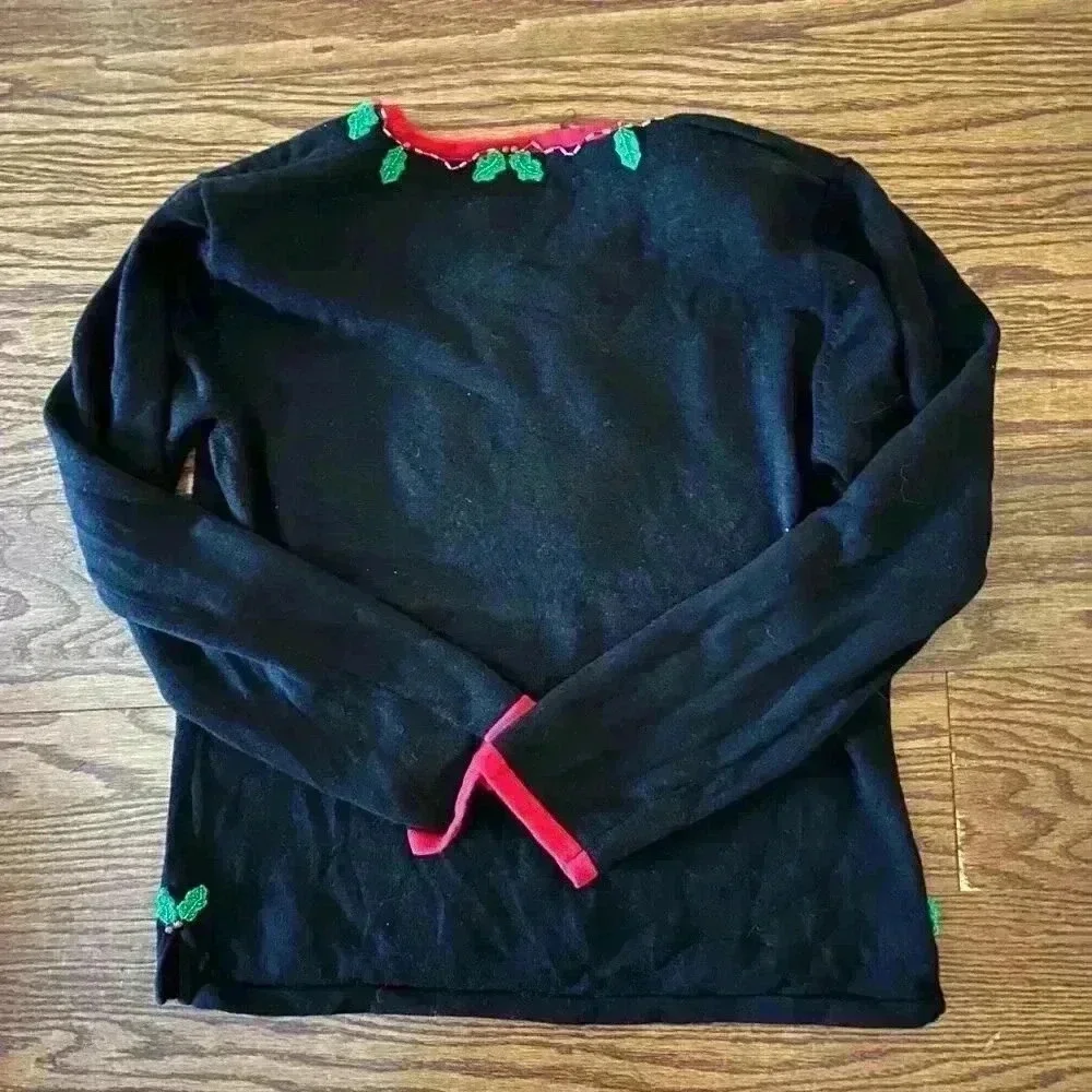 Christmas Sweater Beaded Santa Holly and Jingle Bells Shoulder Pads Size Medium